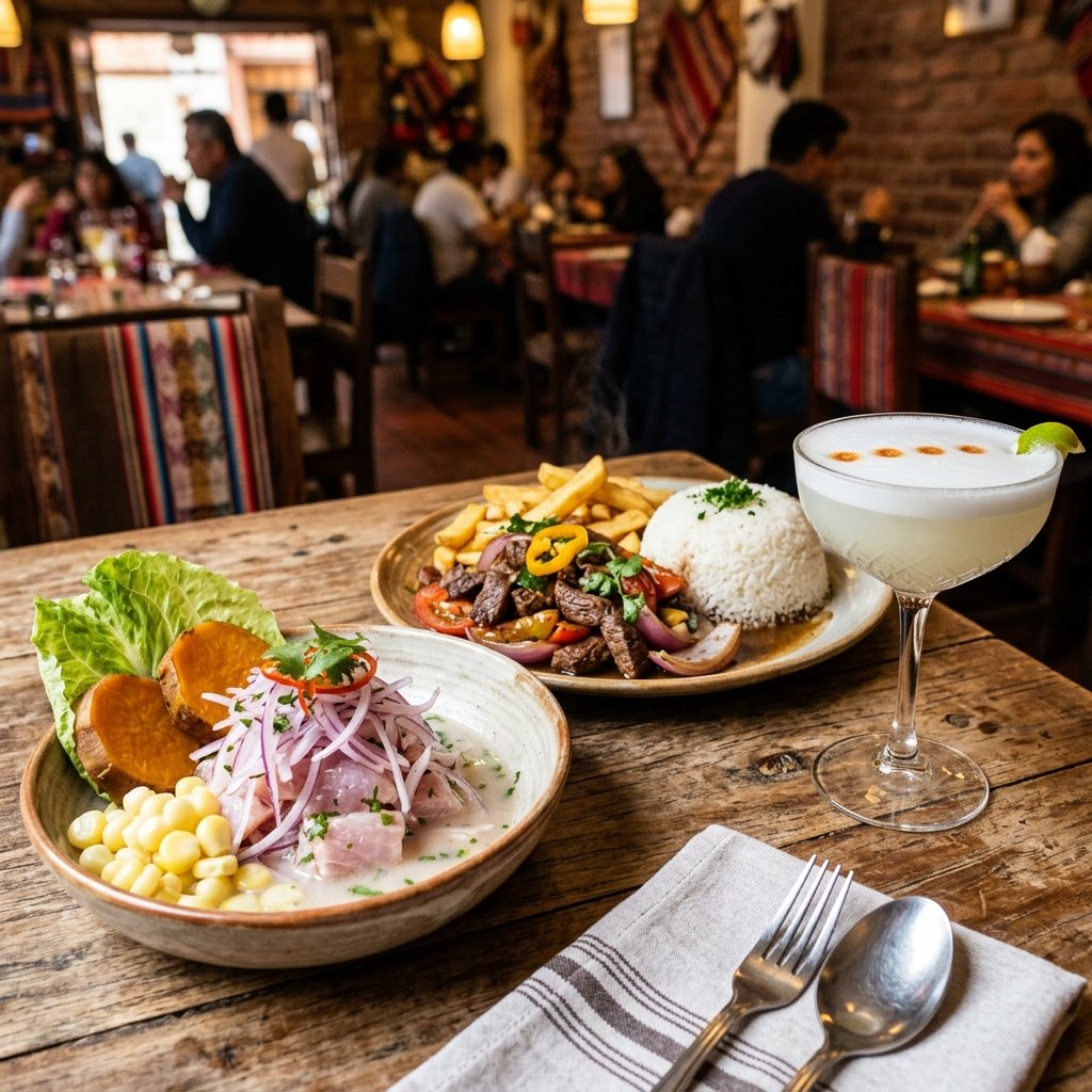 A plate of cured fresh fish Ceviche next to beef Lomo Saltado and a frothy Pisco Sour cocktail on a table