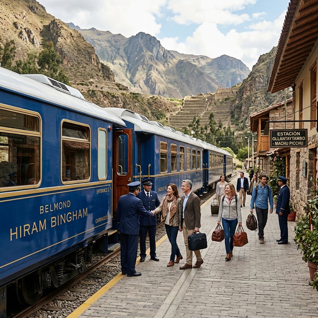 The vintage blue and gold Belmond Hiram Bingham luxury train at Ollantaytambo station in the Sacred Valley Peru