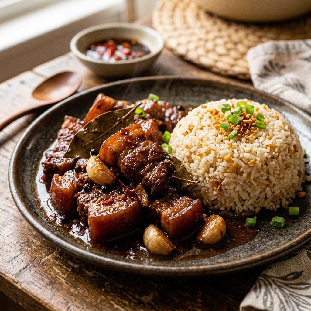 Traditionelles Pork Adobo mit Reis Philippinen