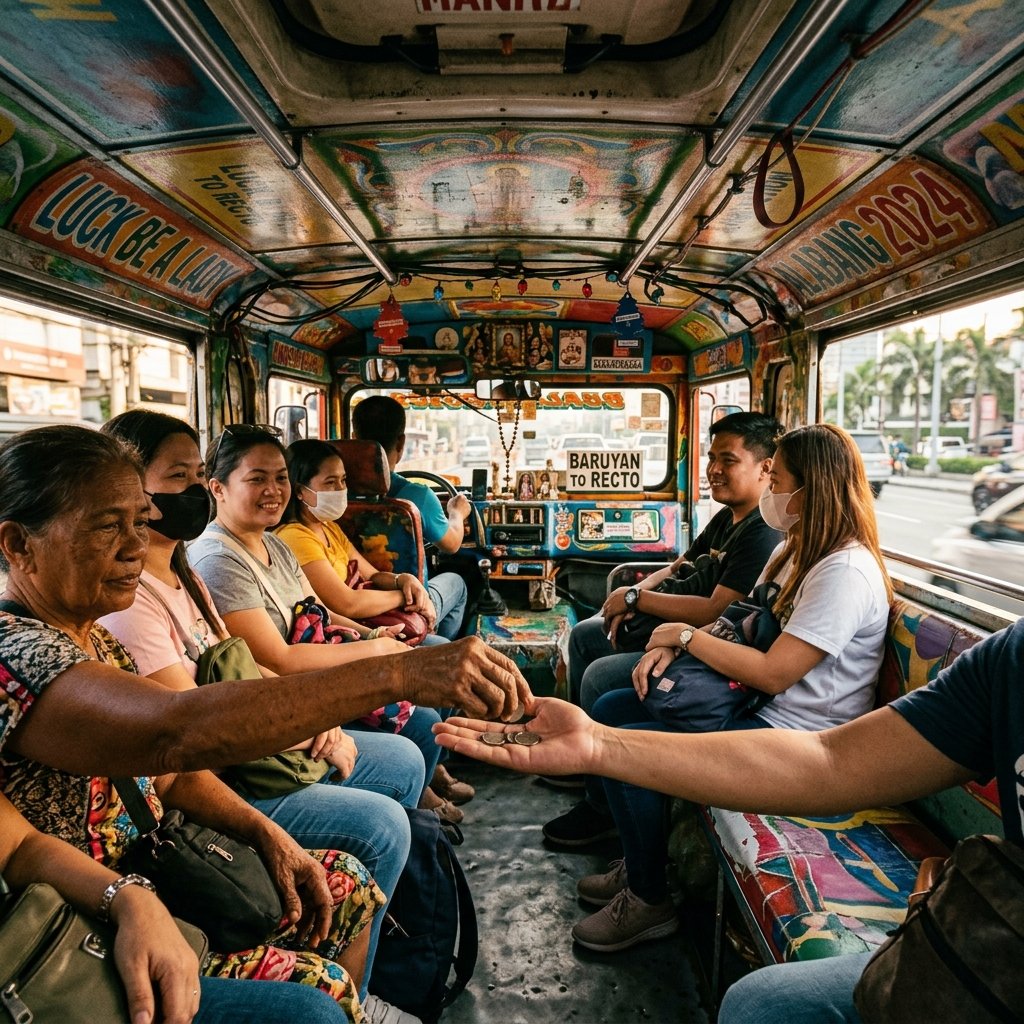 Vista interior de um jeepney tradicional filipino colorido com um passageiro a passar moedas