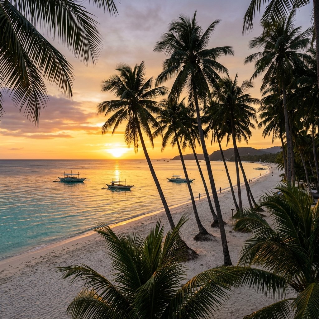Um pôr do sol dourado espetacular sobre a praia de areia branca de Boracay nas Filipinas com silhuetas de palmeiras