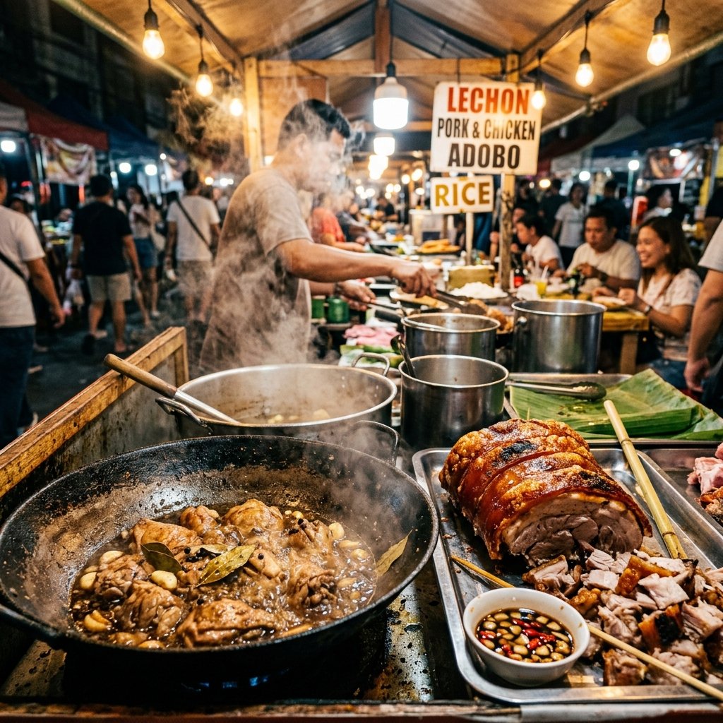Um prato quente de adobo de frango tradicional e porco lechon assado numa banca de comida de rua filipina