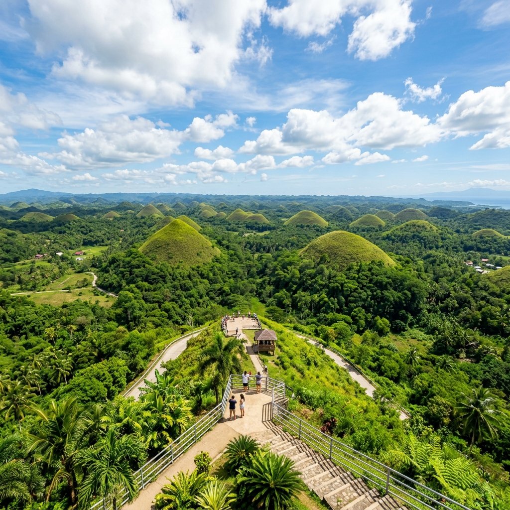 Uma vista panorâmica das icónicas Chocolate Hills em Bohol, Filipinas, sob um céu ensolarado e limpo