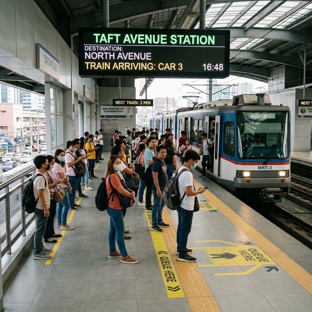 Passageiros na fila numa plataforma limpa de uma estação de metro MRT moderna em Manila sob luzes brilhantes