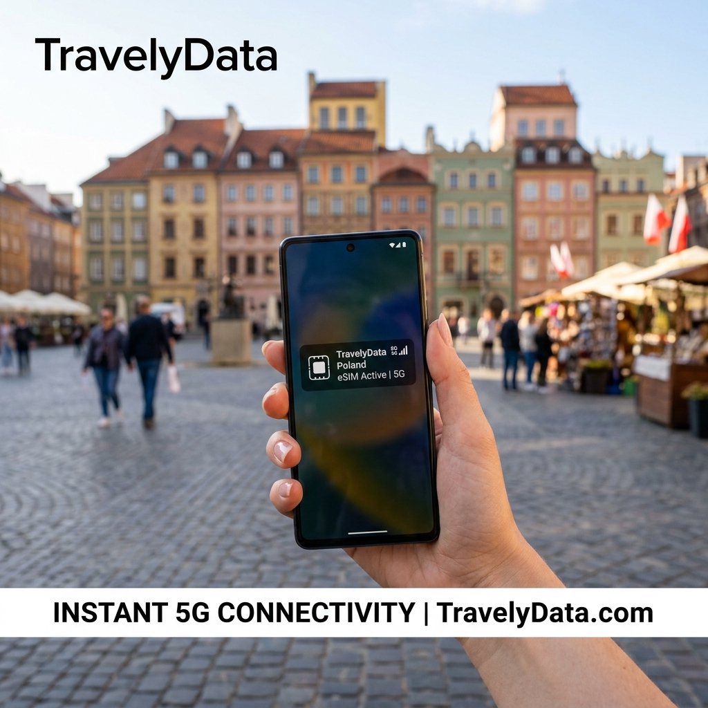 eSIM data connection and Warsaw Old Town view in Poland