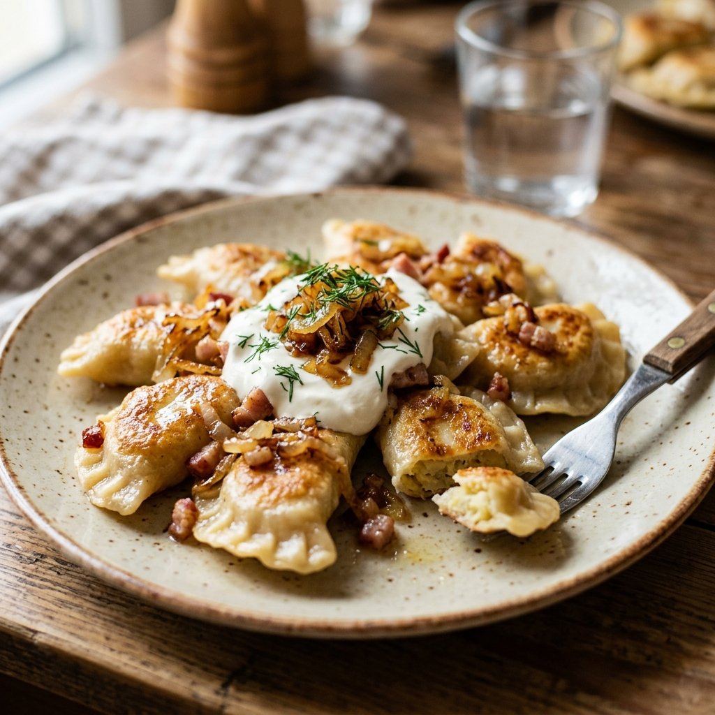 Traditional Polish pierogi dumplings with sour cream and fried onions