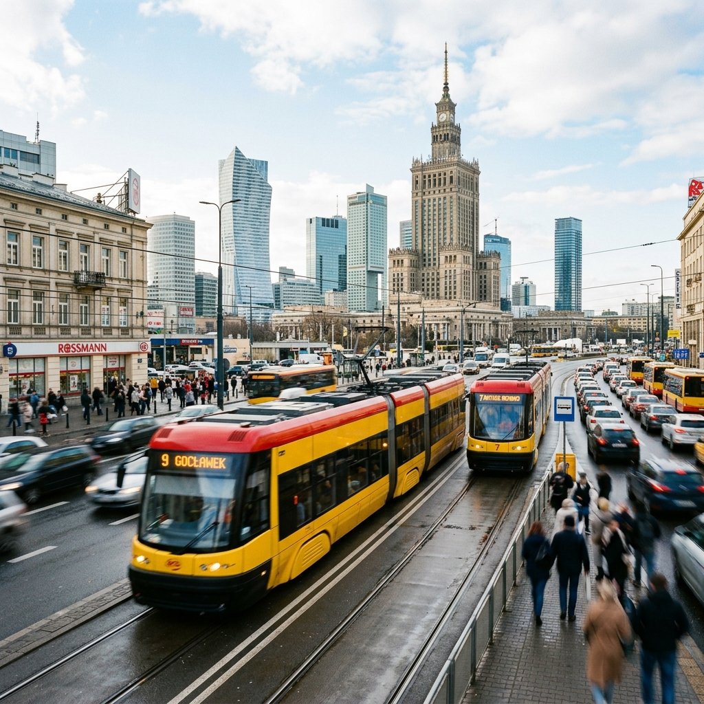 Trams running on Warsaw streets in Poland