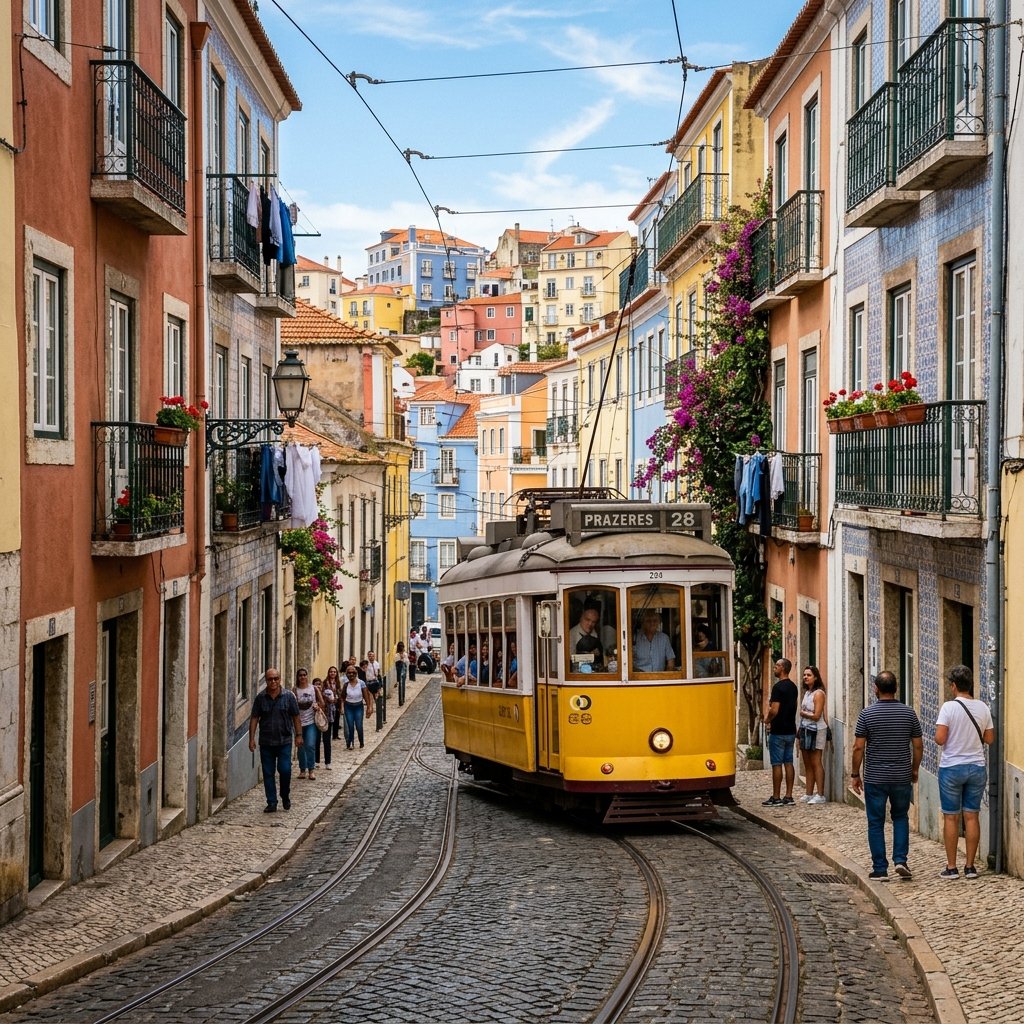 Historische Strassenbahn 28 faehrt durch Alfama Lissabon Portugal
