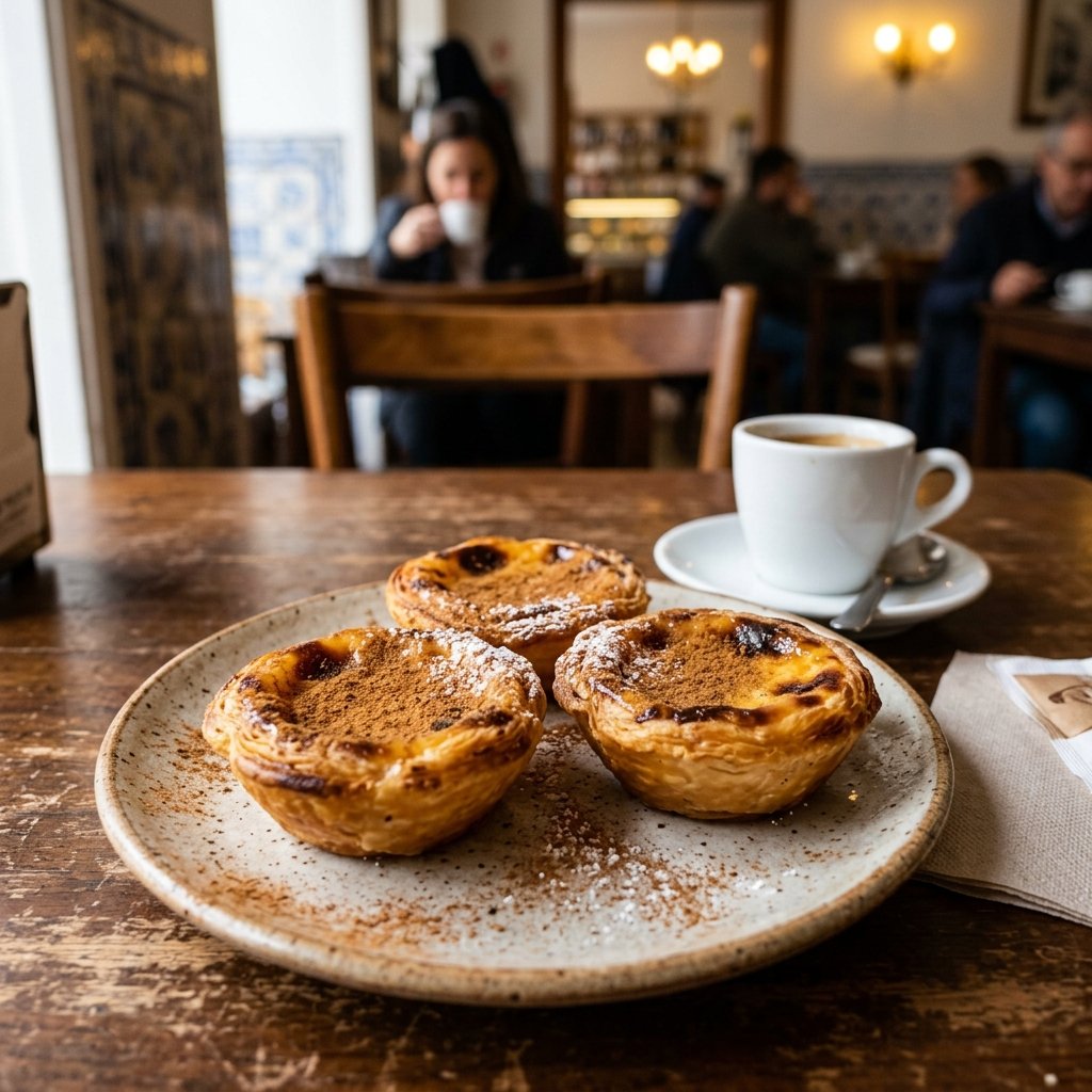 Traditionelle Pastel de Nata Puddingtoertchen in einem Cafe in Portugal