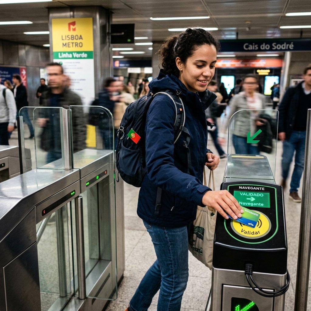 Fahrgast scannt Navegante Fahrkarte am U-Bahn-Eingang in Lissabon