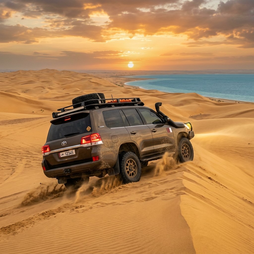 Allrad-Geländewagen faehrt durch Wuestensandduenen in Khor Al Adaid Katar