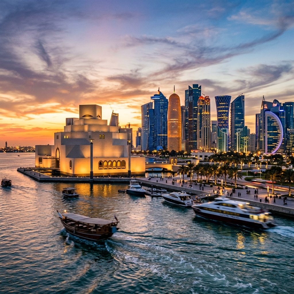 Futuristische Skyline von Doha bei Sonnenuntergang Katar Reisefuehrer