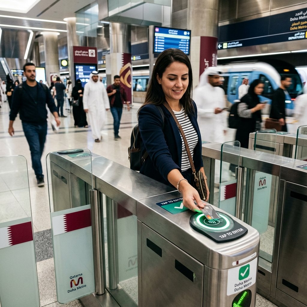 Fahrgast scannt Kreditkarte am Doha Metro U-Bahn-Eingang