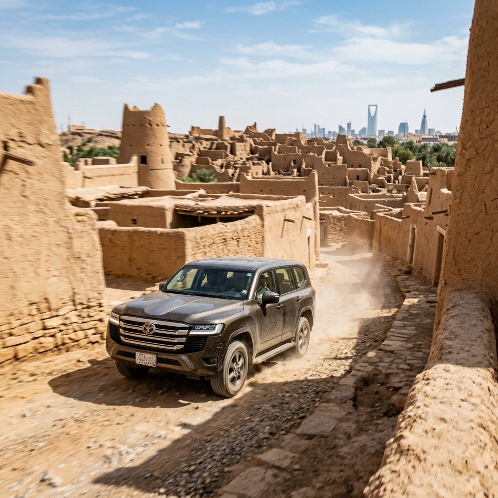 Gelaendewagen faehrt durch die historischen Ruinen von Diriyah in Riad