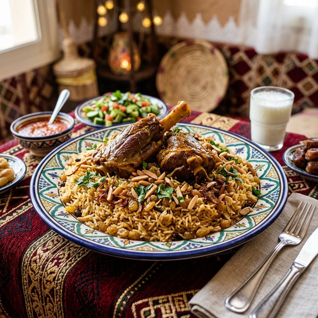 Traditionelles Kabsa Gewuerzreisgericht mit Lamm in Saudi-Arabien