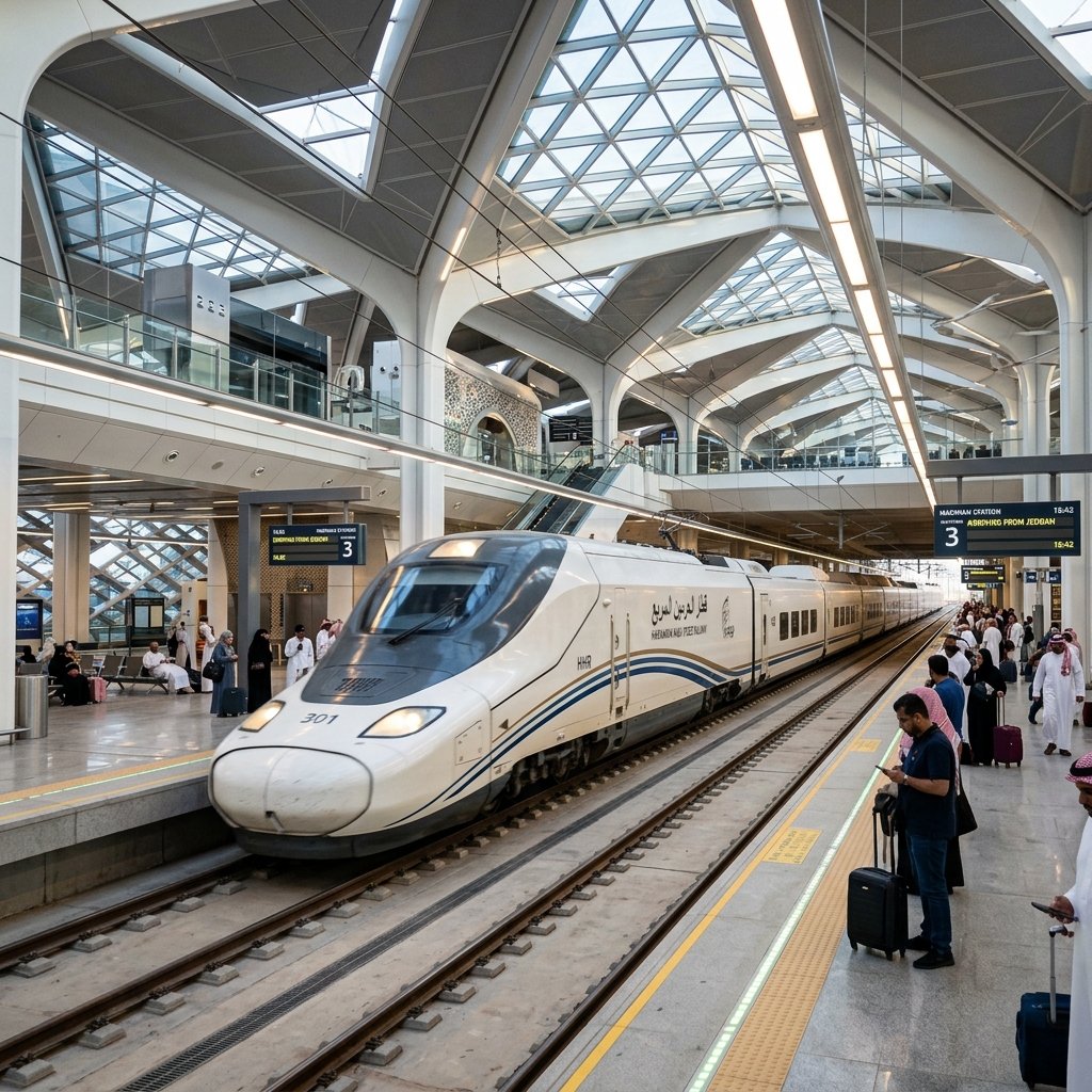 Moderner Haramain Schnellzug faehrt im Bahnhof in Saudi-Arabien ein