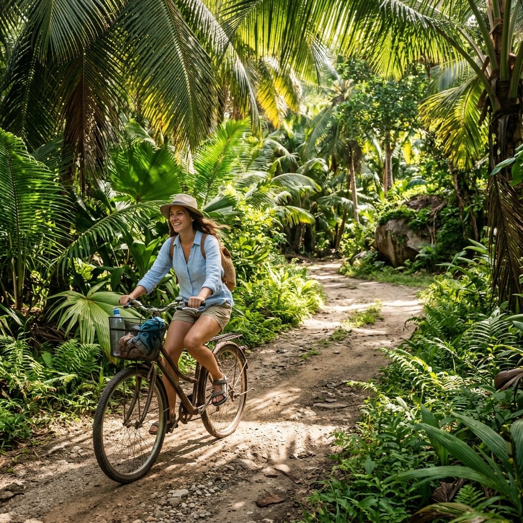 Um viajante a andar de bicicleta através do trilho verdejante da floresta tropical na ilha de La Digue nas Seychelles