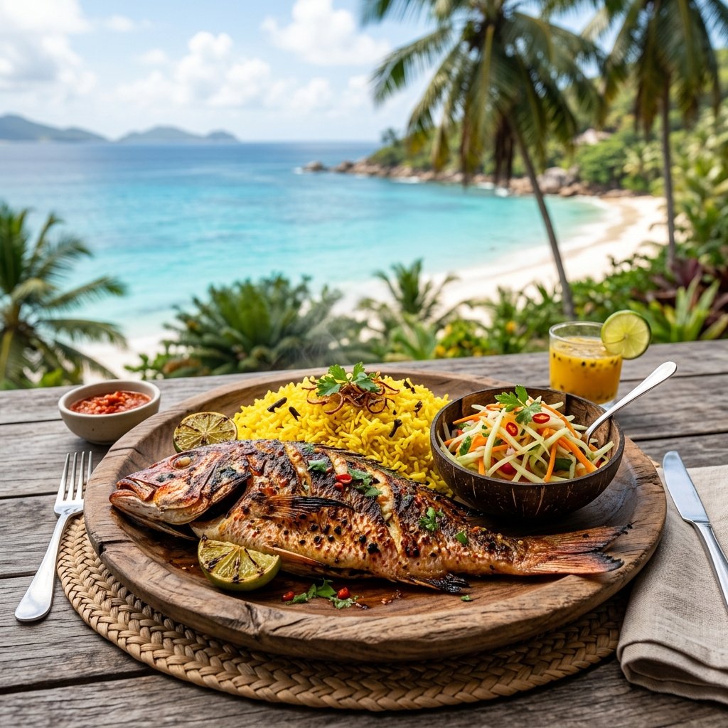 Comida tradicional crioula das Seychelles, como peixe grelhado marinado em alho, gengibre e piripíri, servido com arroz de açafrão e salada de papaia