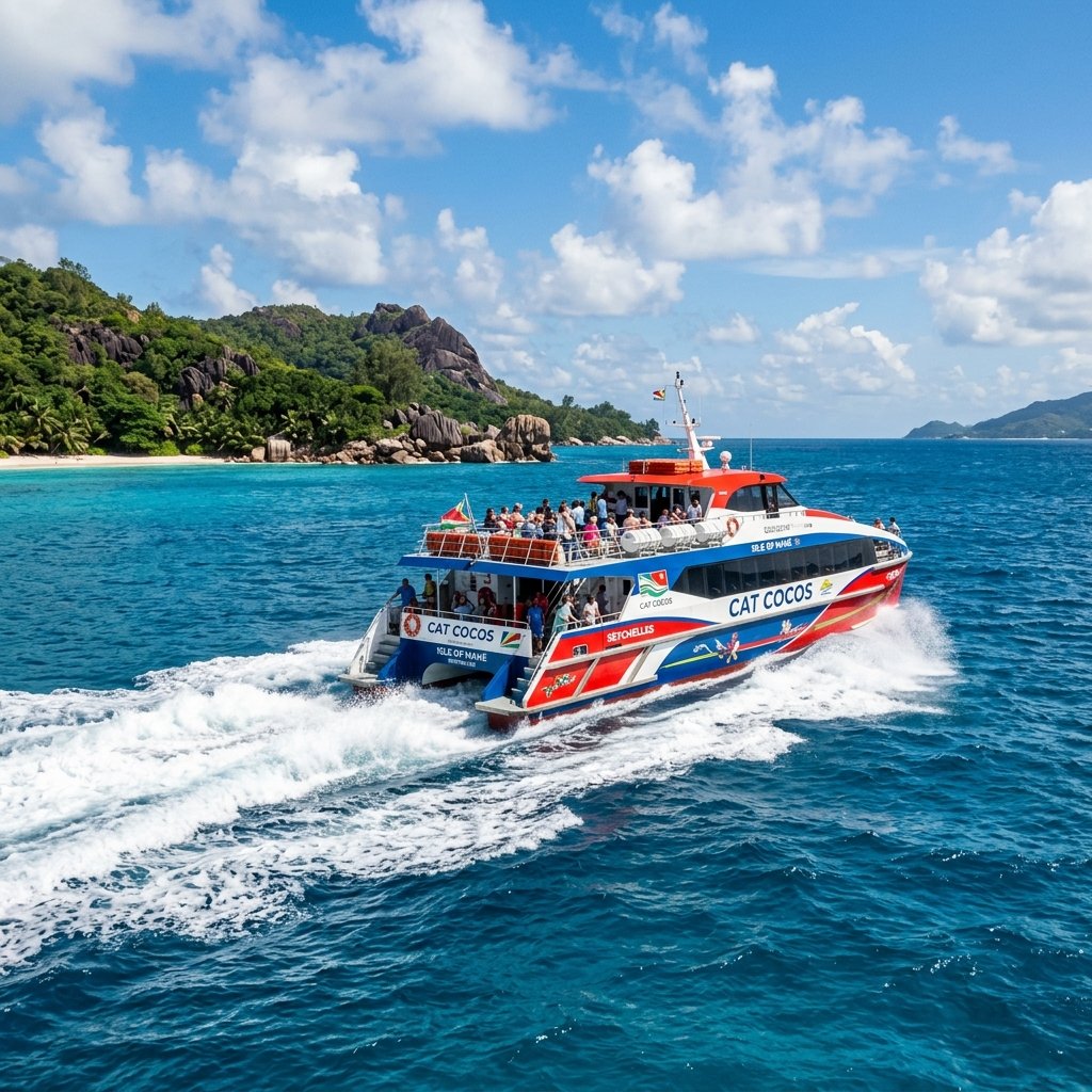 Um ferry colorido da Cat Cocos a navegar entre as ilhas de Mahé e Praslin nas Seychelles