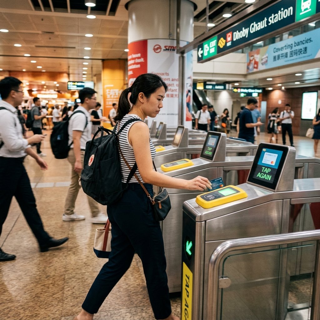 싱가포르 MRT 자동 개찰구에서 컨택리스 카드를 접촉하는 여행객
