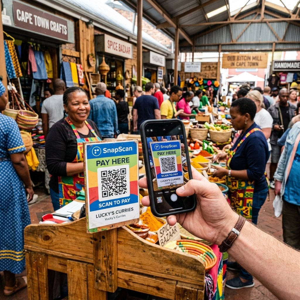 Um turista a pagar com o telemóvel usando um código QR num mercado da Cidade do Cabo