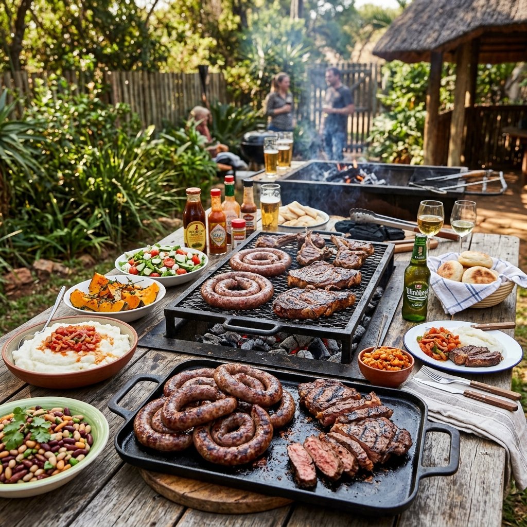 Churrasco tradicional Braai sul-africano com salsichas boerewors numa mesa rústica