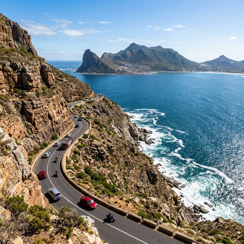 Estrada costeira de Chapman's Peak Drive com falésias e oceano na Cidade do Cabo