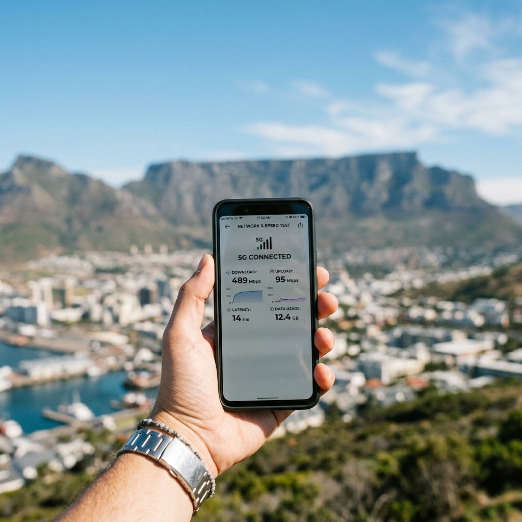 Um turista a segurar um smartphone com ligação 5G com a Table Mountain de fundo