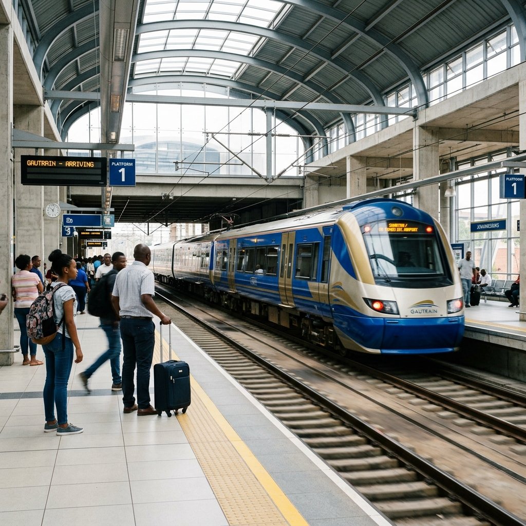 Um comboio Gautrain moderno a entrar numa estação de Joanesburgo