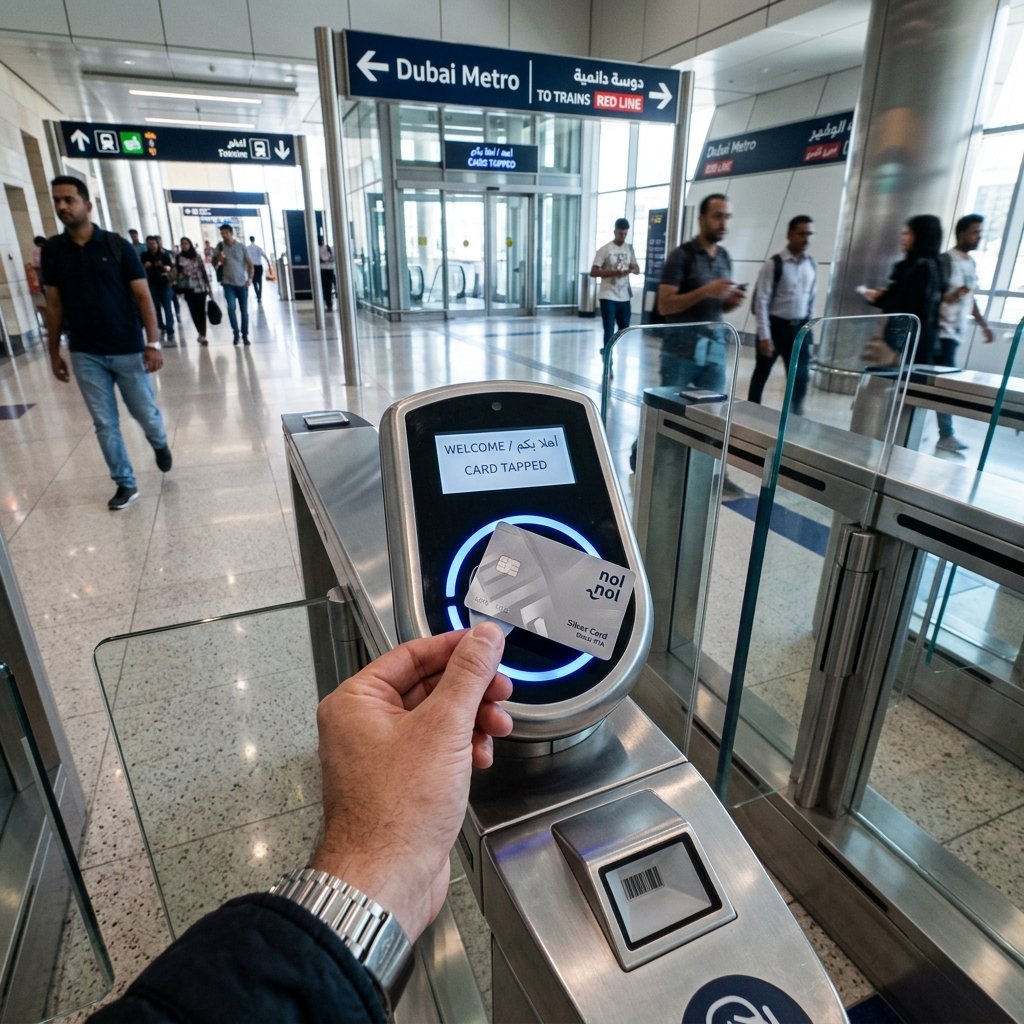 Passageiro a validar o seu cartão Nol prateado no torniquete do metro de Dubai