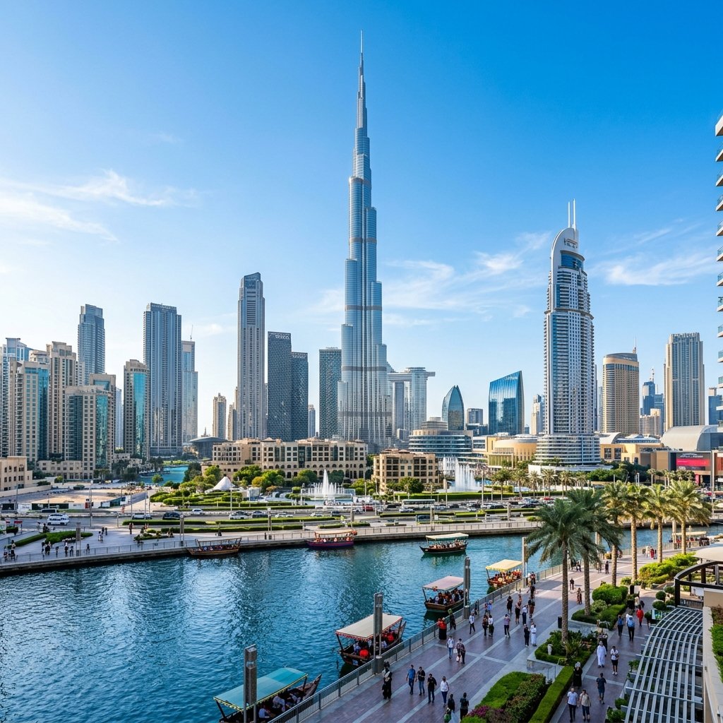 Skyline iluminado de Dubai à noite com o Burj Khalifa a erguer-se sob um céu limpo