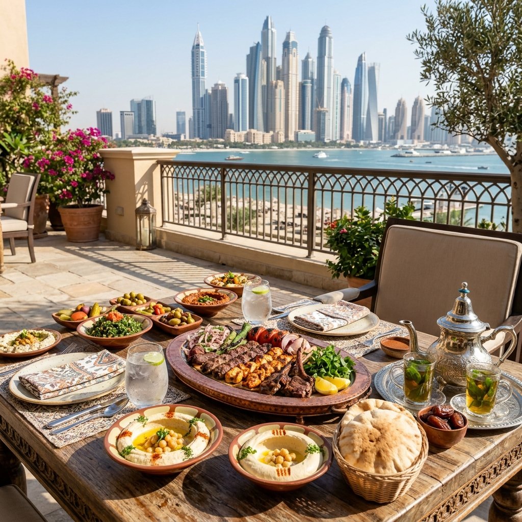 Um prato generoso de grelhado misto do Médio Oriente servido num terraço com vista para o Dubai