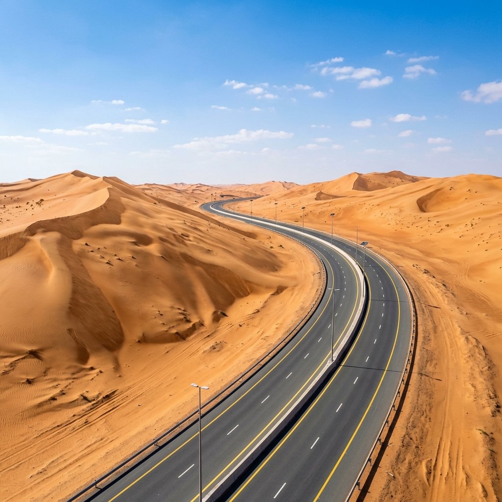 Autoestrada moderna e deserta a atravessar dunas de areia vermelha nos Emirados sob um céu azul