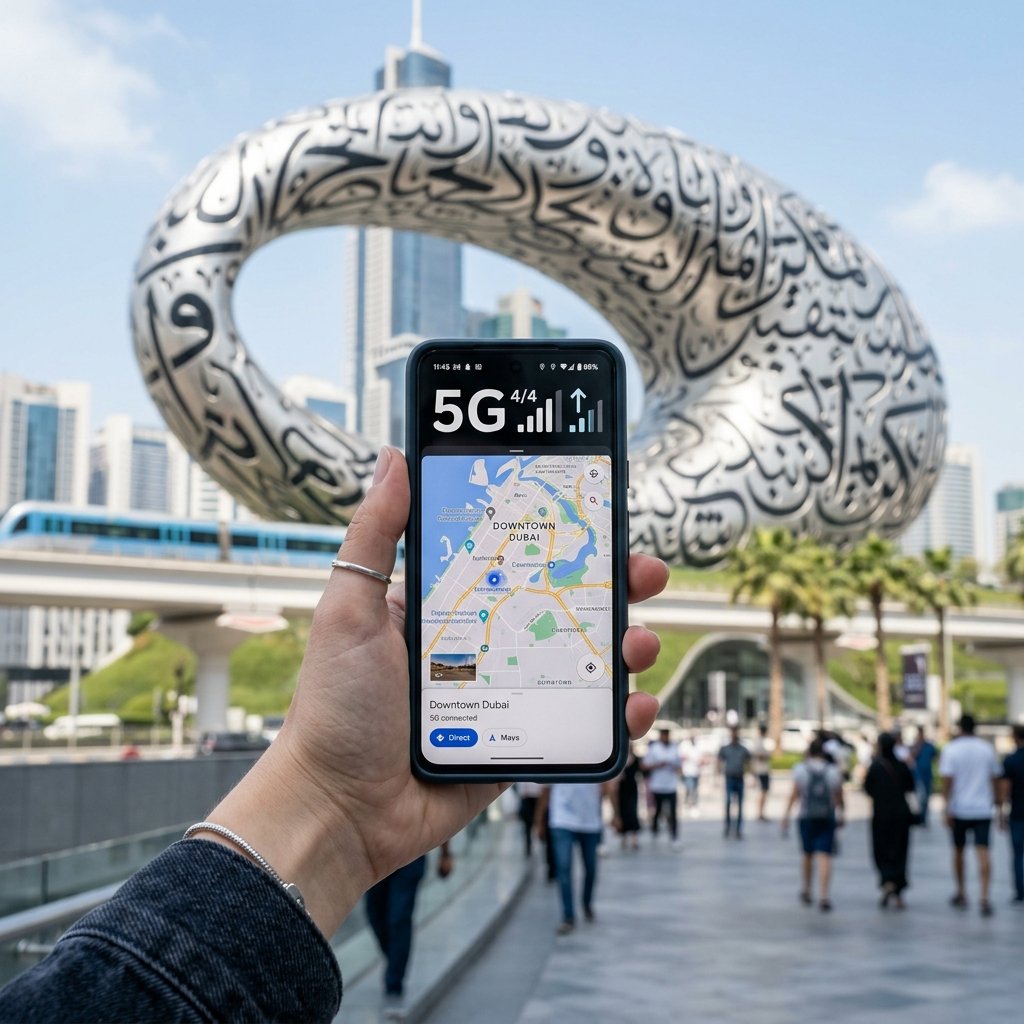 Viante segura smartphone ligado em 5G em frente ao Museu do Futuro em Dubai