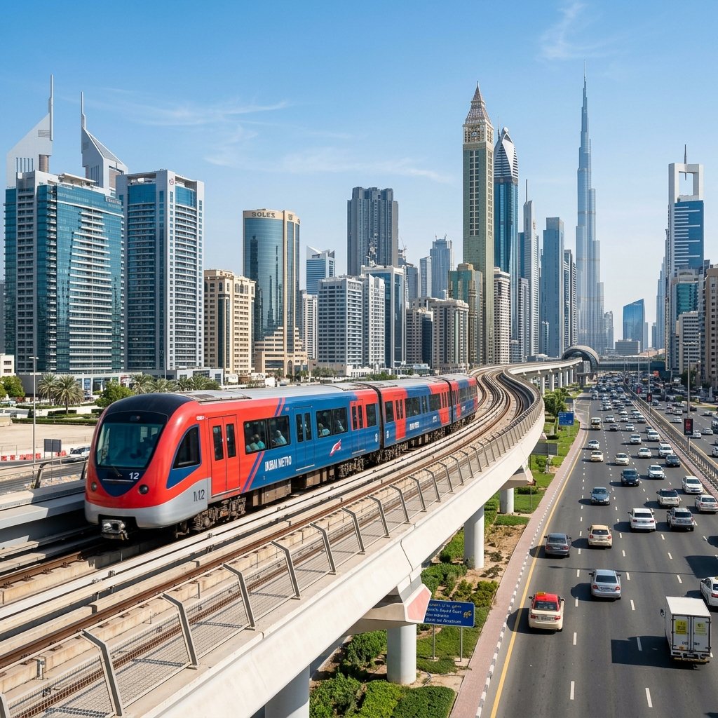 Um comboio do metro de Dubai sem condutor a circular em vias elevadas ao longo da Sheikh Zayed Road
