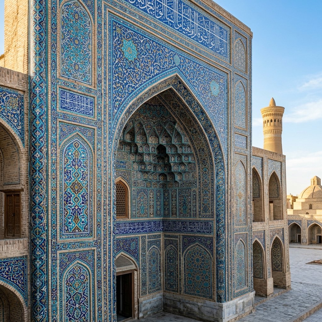 Fachada ornamentada com azulejos geométricos azuis de uma madraça histórica em Bukhara