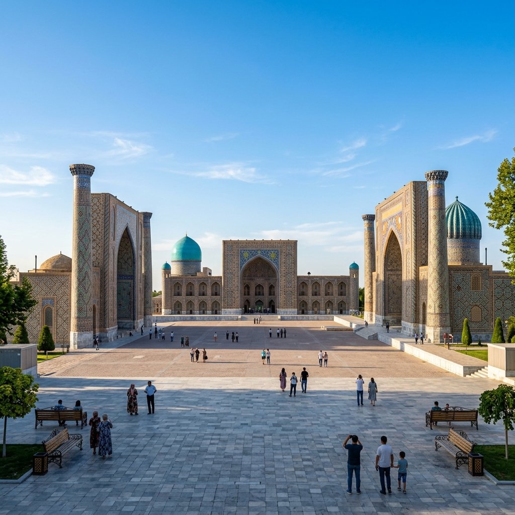 A magnífica praça do Registan em Samarcanda com as suas madraças e cúpulas azuis