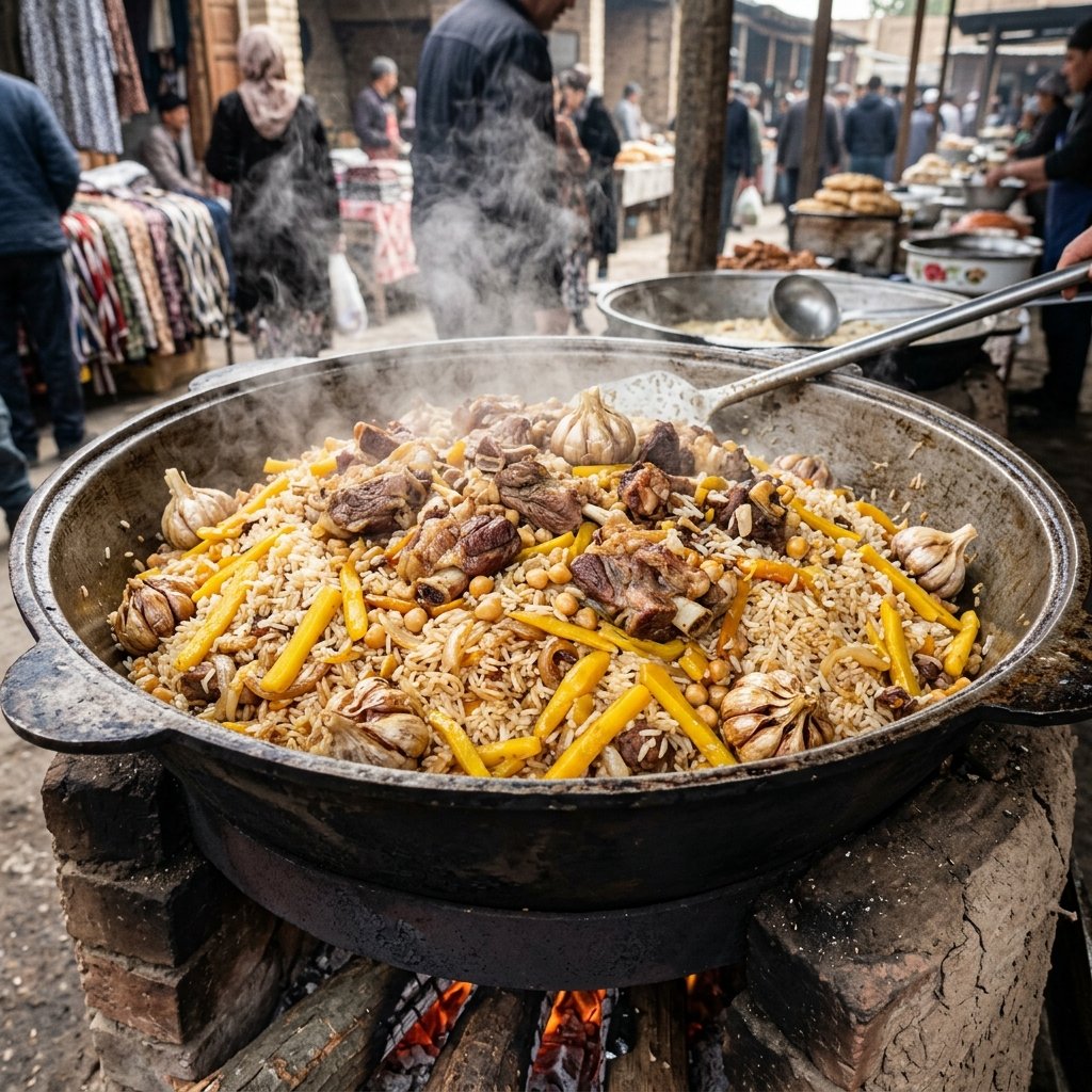 Um grande tacho tradicional cheio de Plov quente com arroz e carne cozinhado no mercado