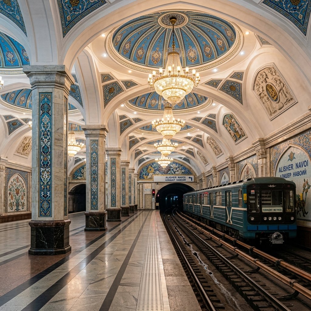 Uma estação de metro em Tashkent com arquitetura grandiosa e lustres da era soviética