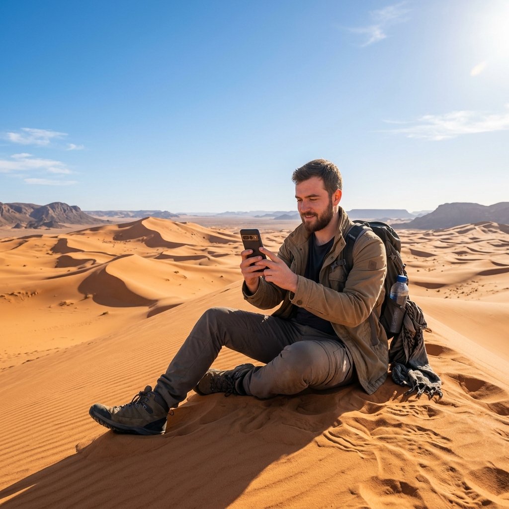 Ein Reisender sitzt auf den orangefarbenen Sanddünen der Sahara nahe Djanet und hält ein Smartphone mit aktiver Netzwerkverbindung