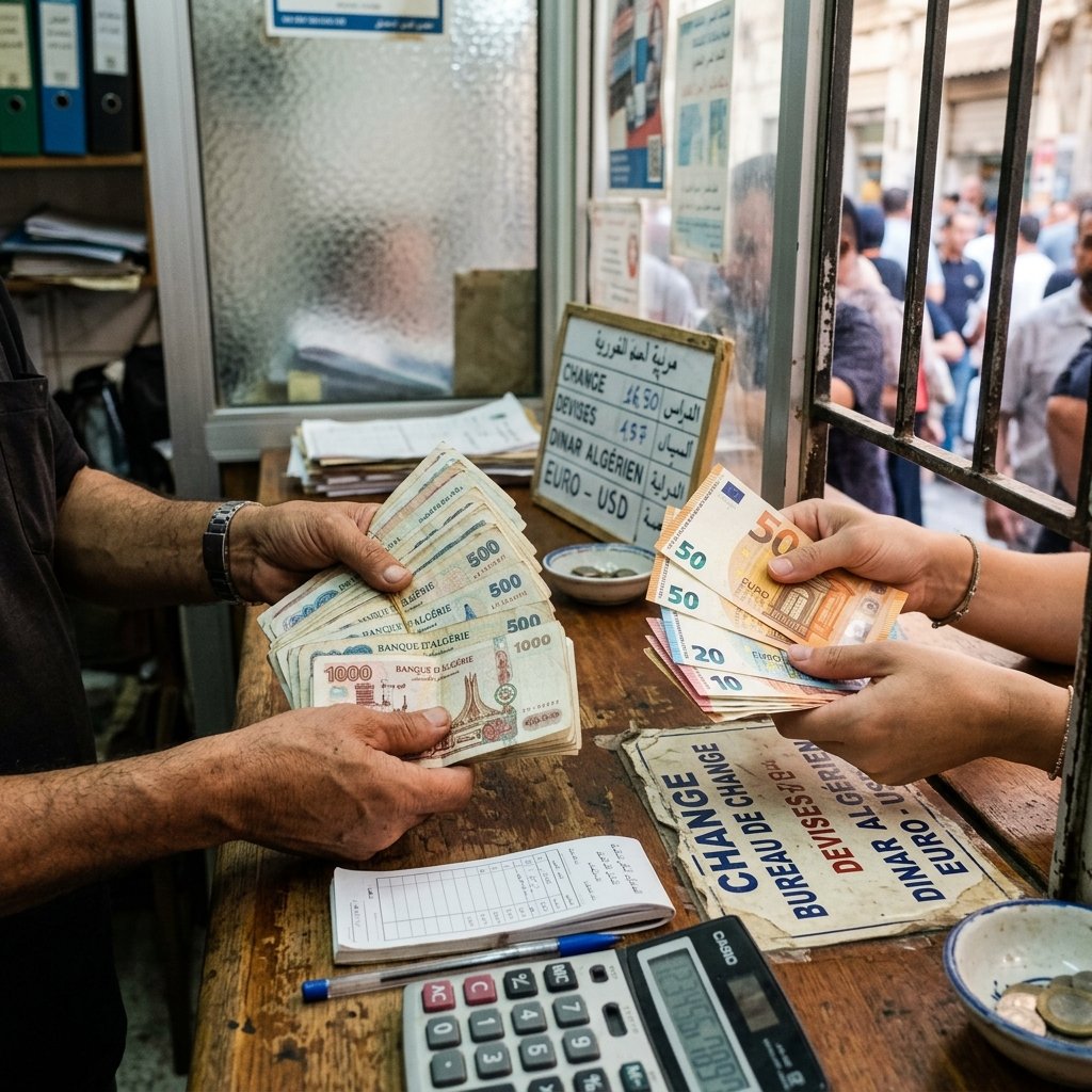 Nahaufnahme von Händen, die an einem lokalen Schalter in Algier Euro-Scheine gegen einen Stapel algerischer Dinar tauschen