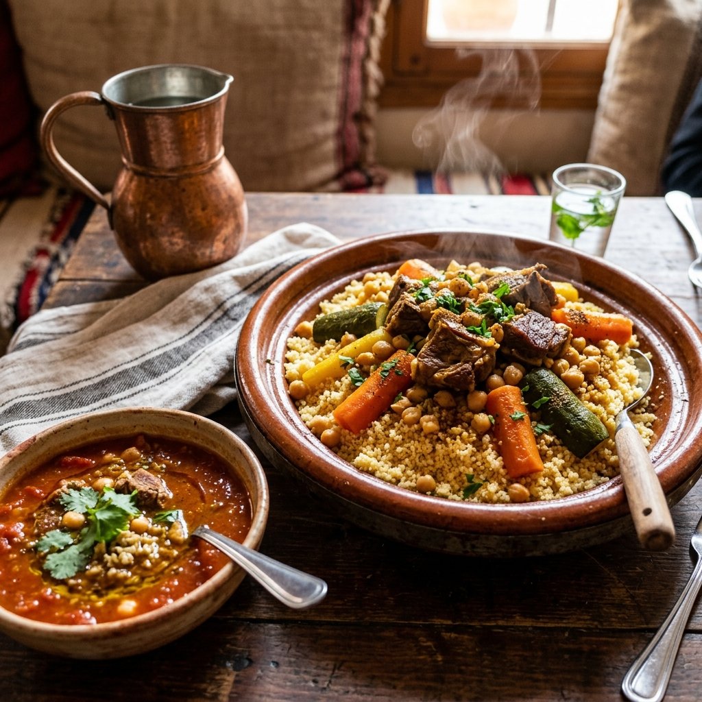 Ein großes traditionelles Tongericht mit dampfendem Couscous, garniert mit Lammfleisch und Gemüse, serviert neben einer Schüssel Chorba-Frik-Suppe