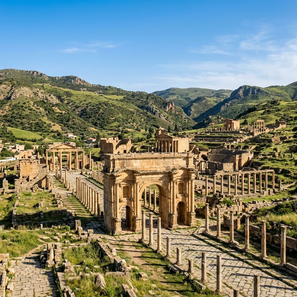 Die historischen römischen Ruinen von Djémila in Algerien mit antiken Steinbögen und Säulen unter klarem blauem Himmel