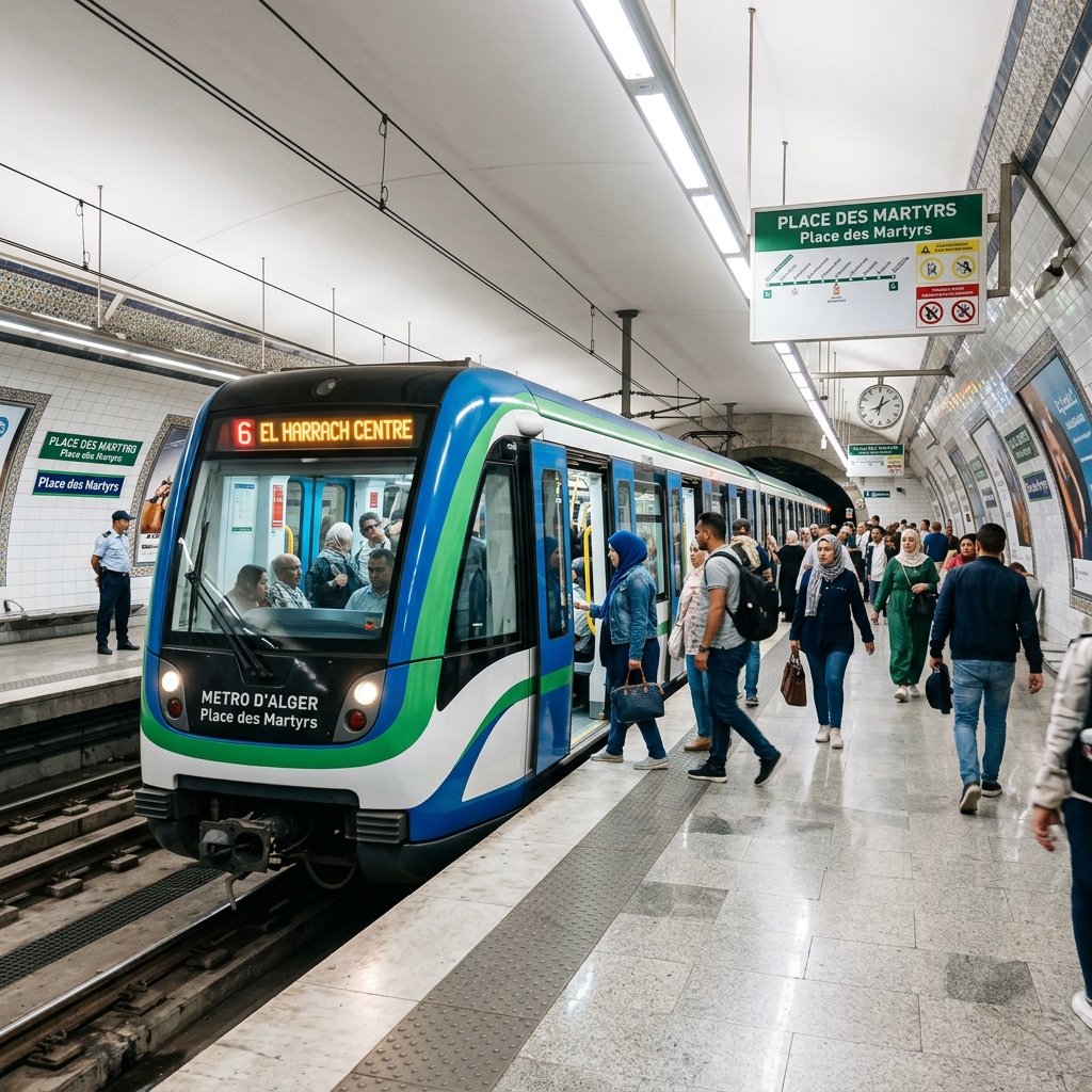 Ein moderner U-Bahn-Zug in Algier in einer hellen, sauberen U-Bahn-Station, in den Fahrgäste einsteigen