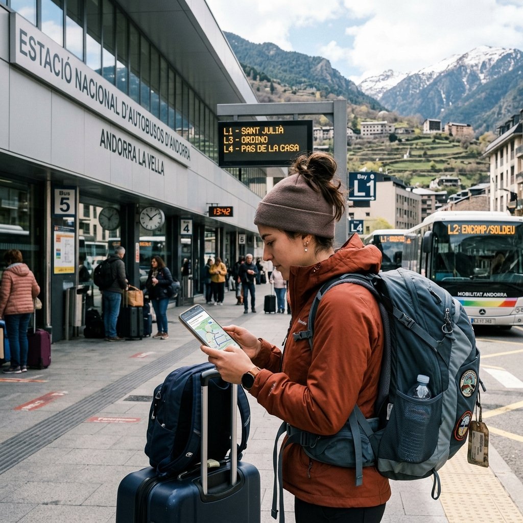 Touriste vérifiant son itinéraire sur son smartphone à la gare routière d'Andorra la Vella