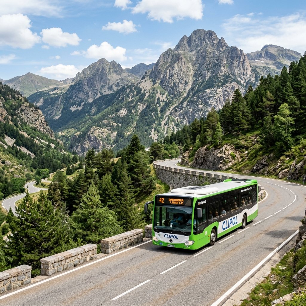 Un bus public Clipol circulant sur une route de montagne sinueuse des Pyrénées en Andorre