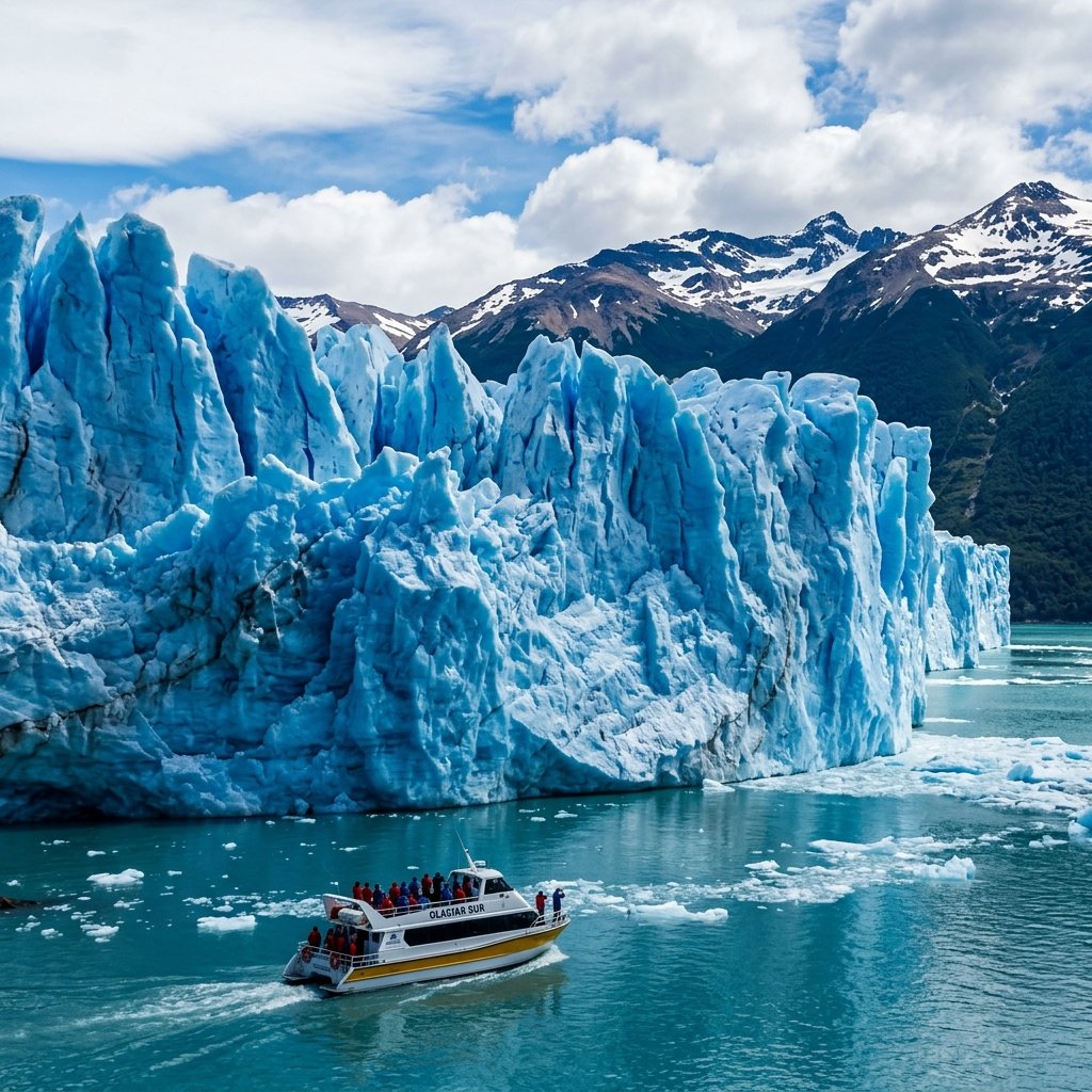 A gigantesca parede de gelo azul do glaciar Perito Moreno a erguer-se da água na Patagónia, Argentina