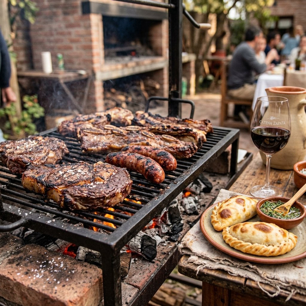 Um autêntico asado argentino na grelha numa parrilla junto a empanadas e vinho tinto Malbec