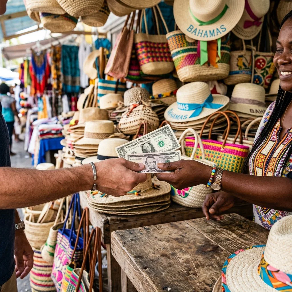 Ein Tourist bezahlt einen lokalen Händler mit kleinen US-Dollar-Scheinen auf dem Strohmarkt von Nassau auf den Bahamas
