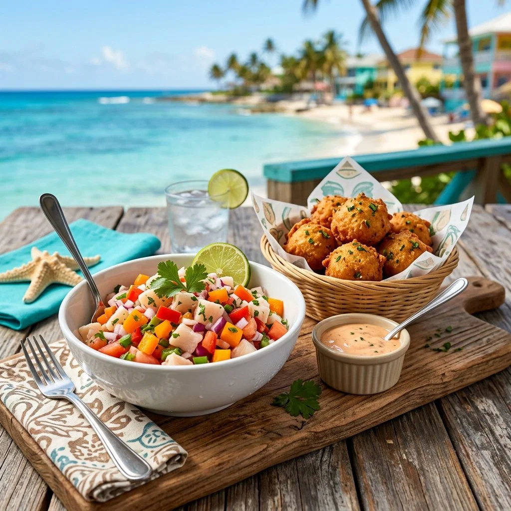Ein frischer bahamaischer Conch-Salat zubereitet mit Zitrussaft und Gemüse neben einem Teller mit goldgelb frittierten Conch-Fritters